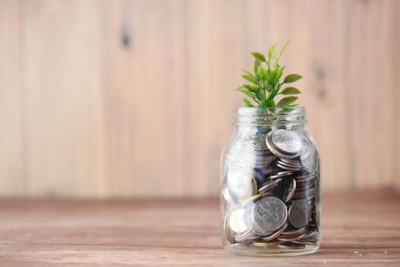 Investment - a glass jar filled with coins and a plant